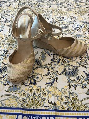 Anne Klein Metallic Gold and Beige Espadrille Wedge Sandals